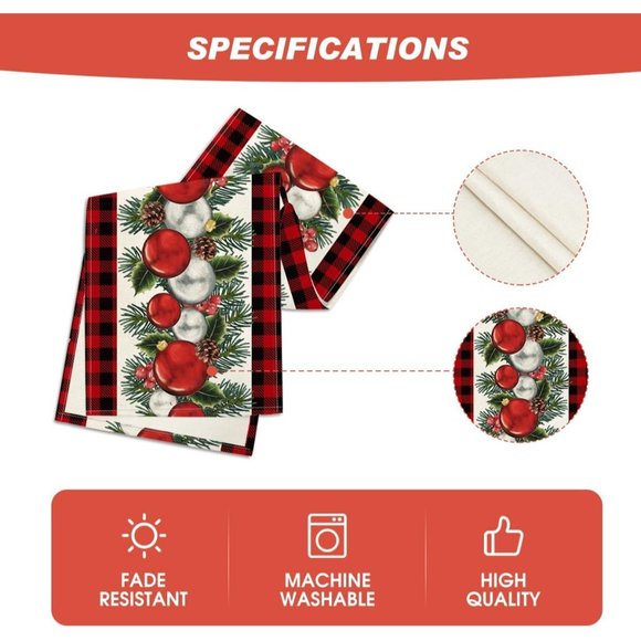 13''x72'' Buffalo Plaid Red Black Balls Christmas Table Runner Home Decoration - Picture 5 of 7